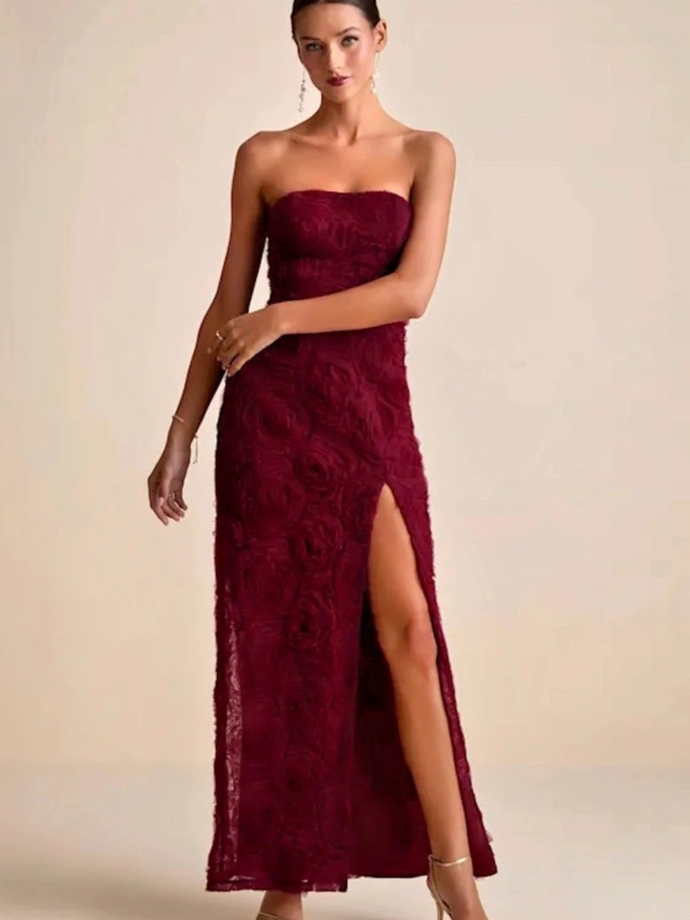 Burgundy Strapless Lace Bustier Maxi Dress